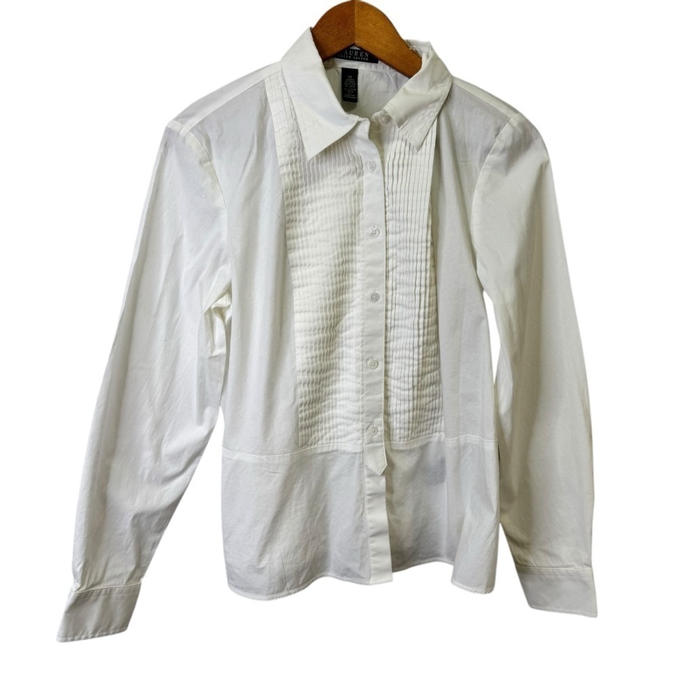 Lauren Ralph Lauren Pleated White Button Down Shirt Size 14 Neutral Minimalist